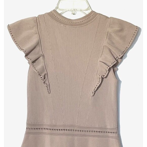 SANDRO PARIS Tilla Pink Blush Ruffle-Trim Embellished Rib-Knit Mini Dress - Picture 8 of 13